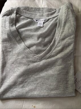 Athleta Light Gray Striped V-Neck Tee